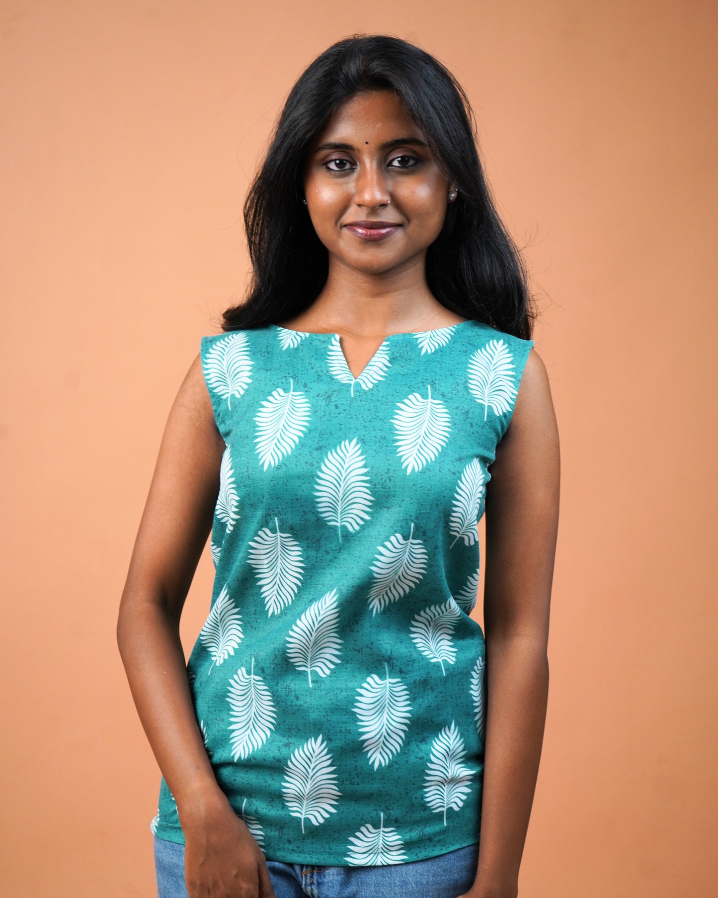 Green Leaf-Print Short Kurti