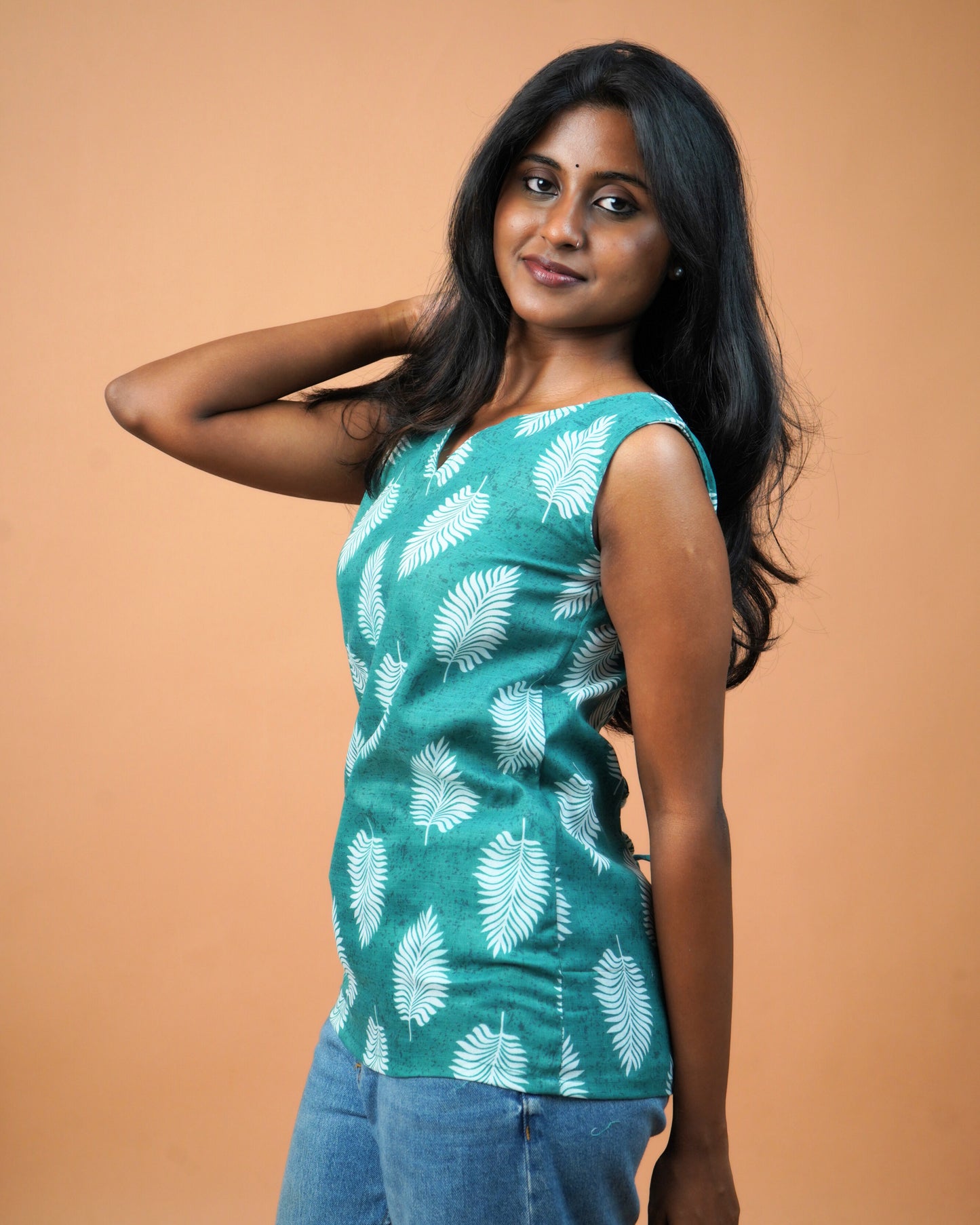 Green Leaf-Print Short Kurti
