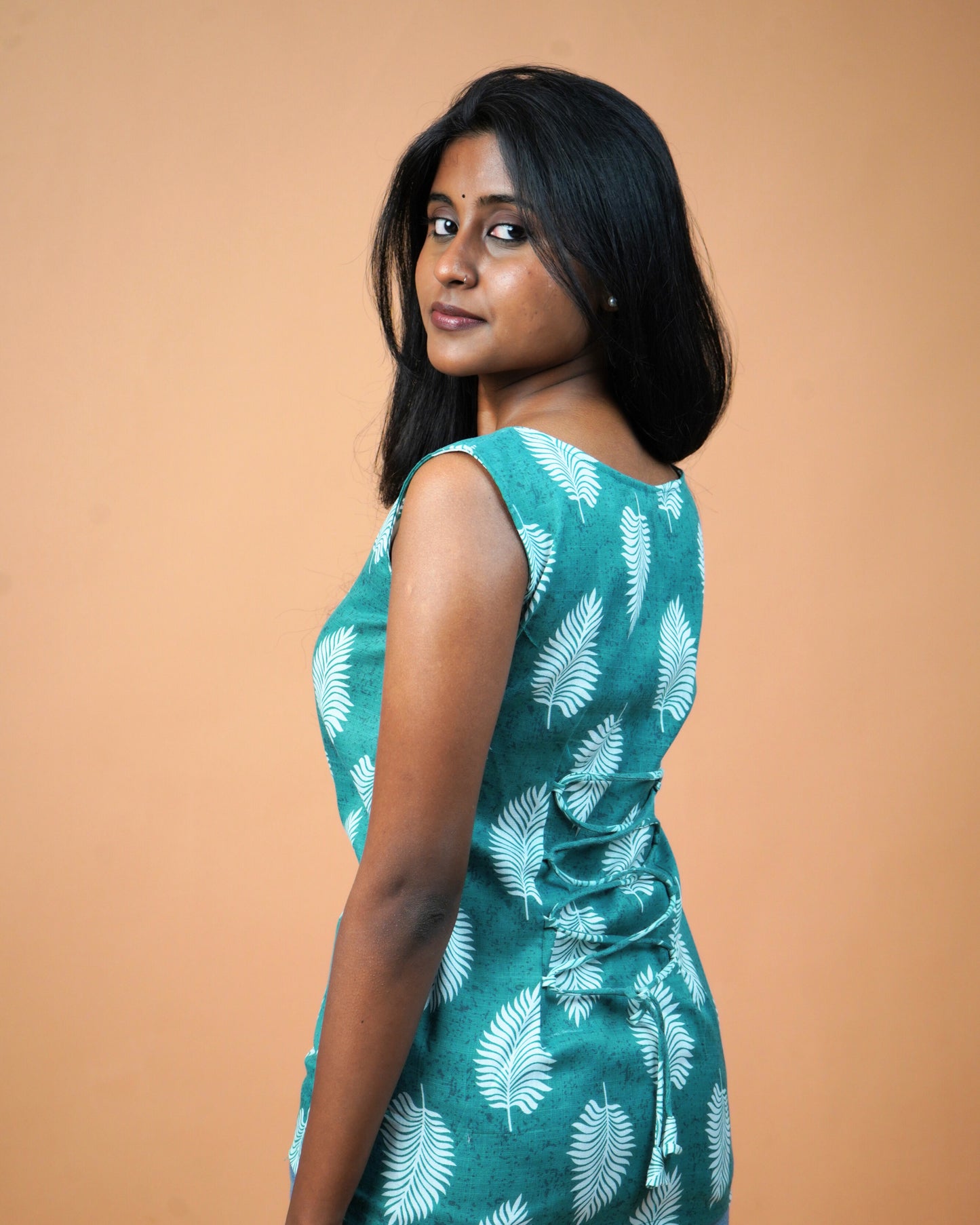 Green Leaf-Print Short Kurti