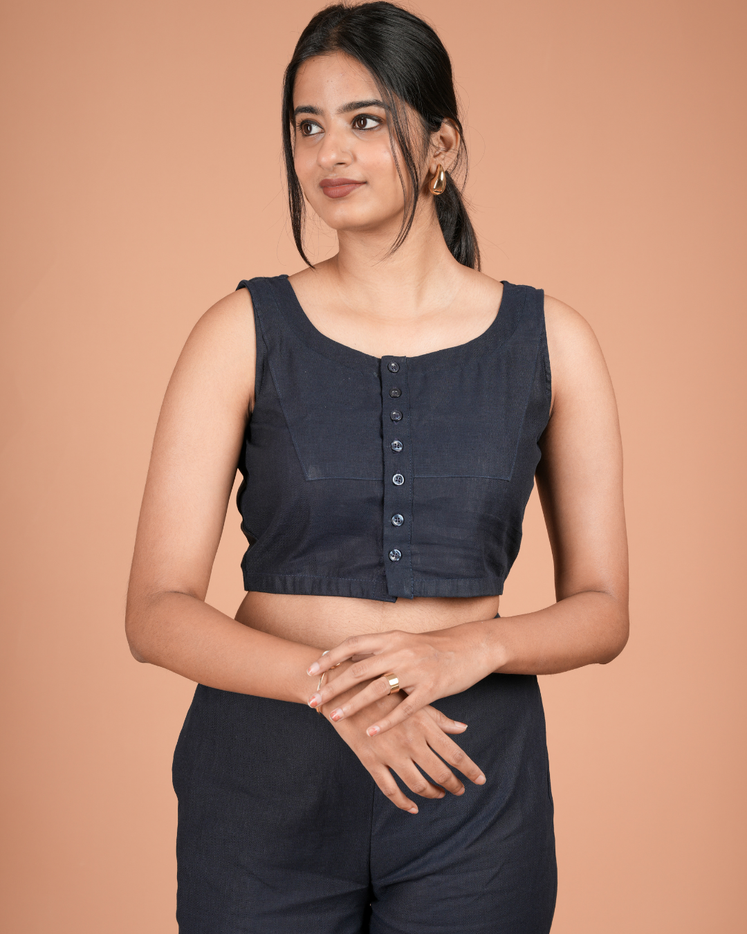 Modern Linen – Sleeveless Button-Down Crop Top and Straight Pants Co-ord Set
