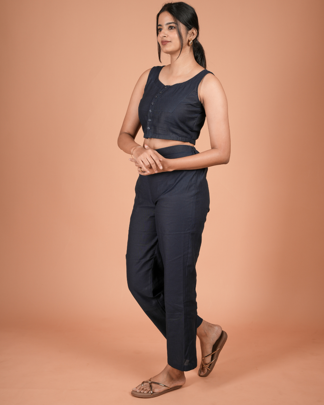 Modern Linen – Sleeveless Button-Down Crop Top and Straight Pants Co-ord Set