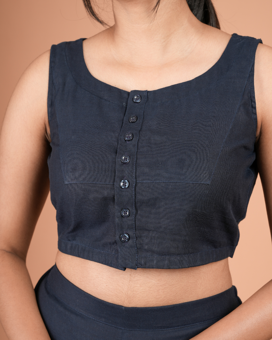 Modern Linen – Sleeveless Button-Down Crop Top and Straight Pants Co-ord Set