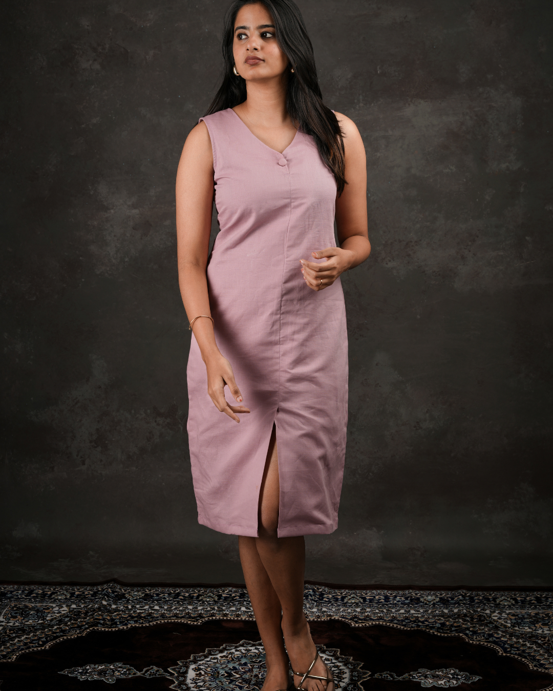 Amour – Sleeveless Dusky Pink Linen Cotton Midi Dress with Front Slit