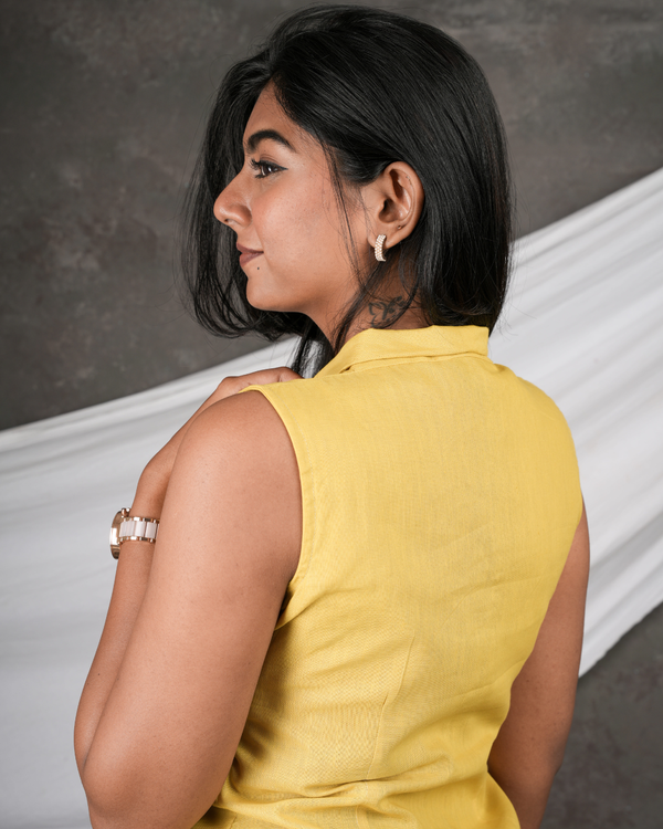 Saffron – Sleeveless Yellow Linen Cotton Shirt Dress with Notch Collar