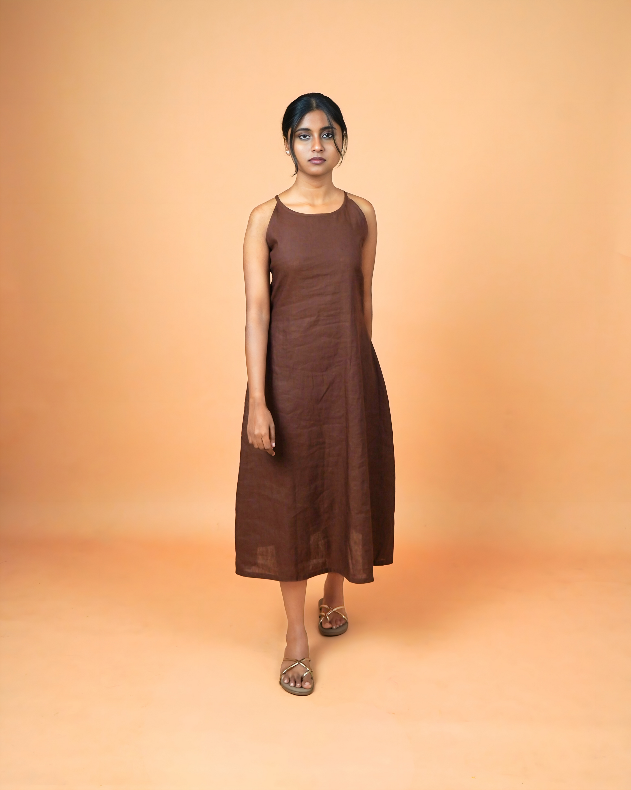Rustin Aura Brown Linen-Cotton Halter Neck A-Line Midi Dress vizonawomens Rustin Aura Brown Linen-Cotton Halter Neck A-Line Midi Dress vizonawomens