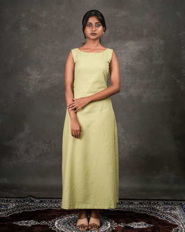 Sage – Minimalist Sleeveless Full Length Linen Dress with Boat Neckline