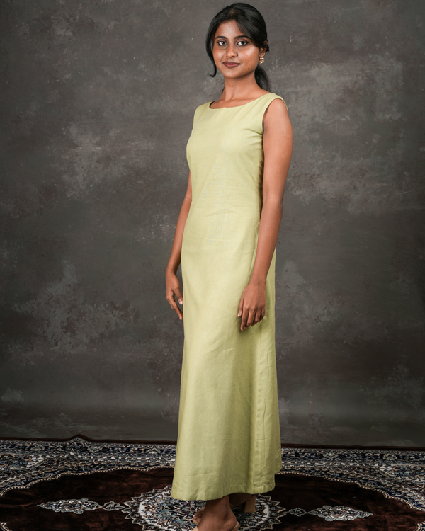 Sage – Minimalist Sleeveless Full Length Linen Dress with Boat Neckline