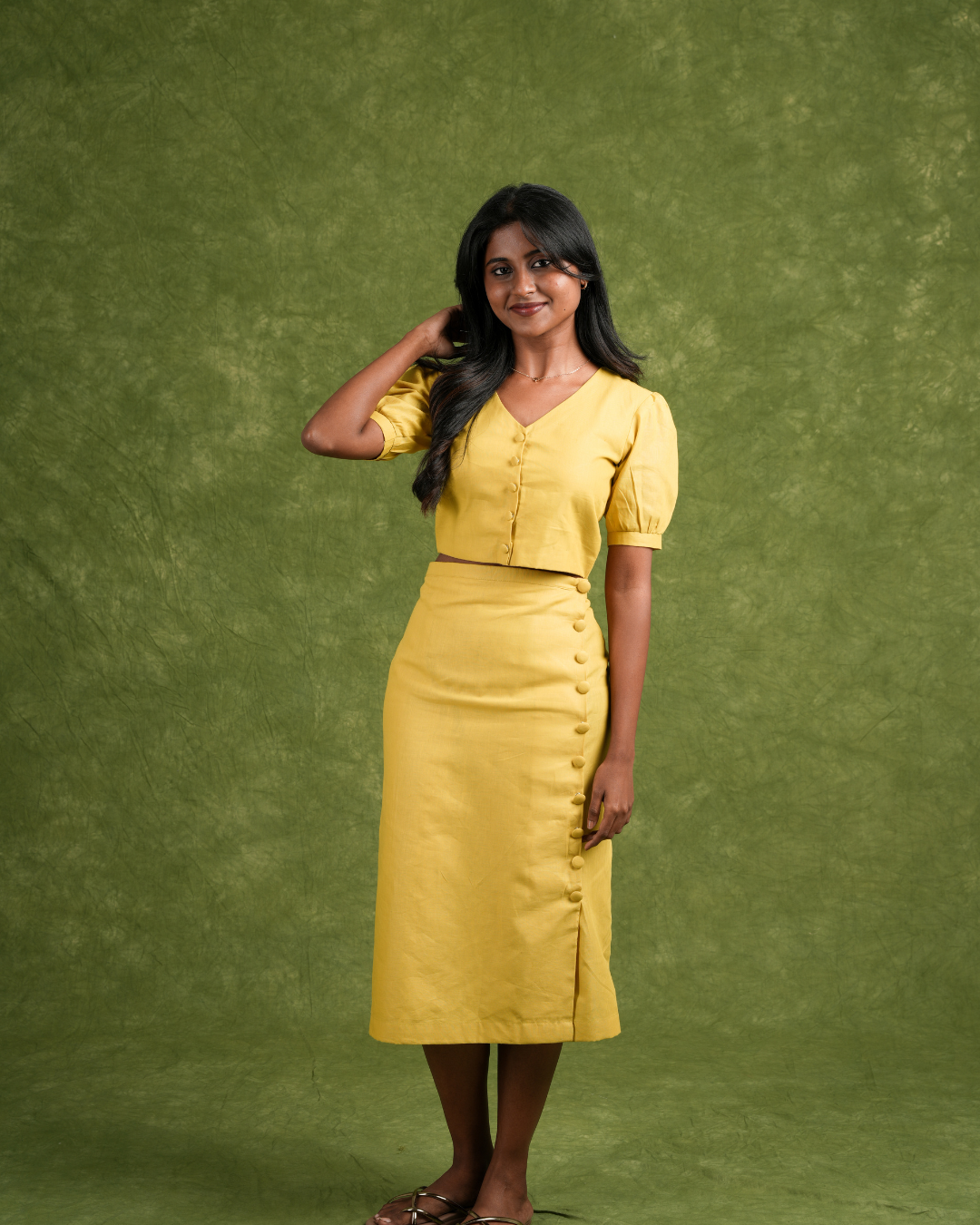 Aira – Yellow Linen Wrap Co-ord Set | Elegant Casual & Evening Wear